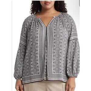 Max Studio Peasant Blouse Navy Border Print $118 Plus Size 1X Flowy Long Sleeves